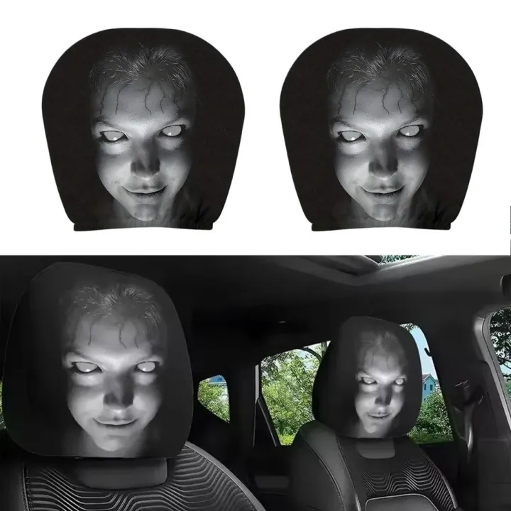 2Pcs Halloween Car Headrest Cover Black Horror Skull Printed Head Rest Cover Elastic Funny Seat Head Pillowcase Car Decor