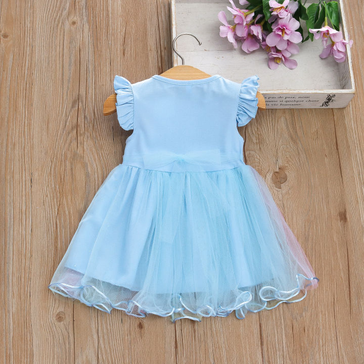 Girls'%20New%20Summer%20Little%20Flying%20Sleeve%20Cartoon%20Print%20Dress%20with%20Children's%20Patchwork%20Gradient%20Mesh%20Pengpeng%20Princess%20Dress%20-%20Image%204