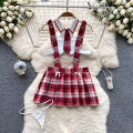 Girls Cute Japanese JK Uniform Mini Checkered Strap Skirt Off Shoulder High Waist Elastic Cosplay Dress Hot Sweet Pajama.