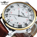 WINNER Fashion Business Mechanical Watches Date Display Minimalist Automatic Watch for Men Casual Brown Leather Strap Wristwatch.