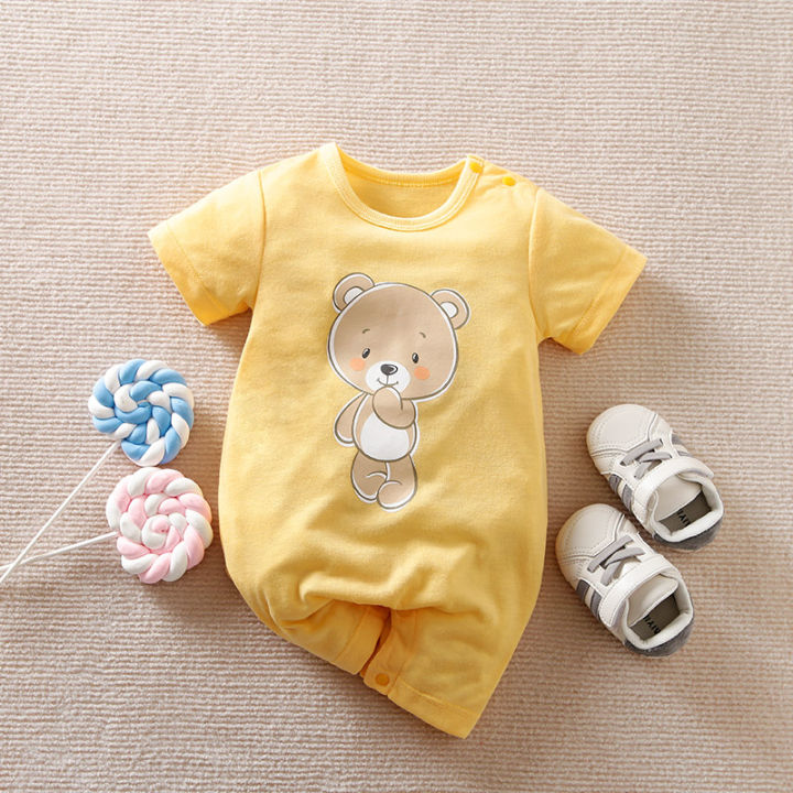 Baby Boys Girls Unisex Newborn Romper ，0-18 Months Toddler Clothing，Infant summer Short sleeve Cute yellow bear print Jumpsuit