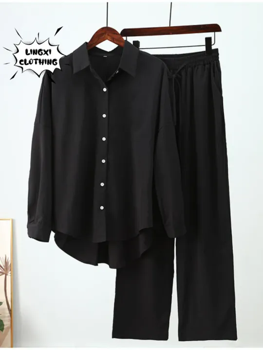Summer%20Outfits%20for%20Women%202023%20Fashion%20Loose%20Elastic%20Wrinkle%20Long%20Sleeve%20Shirt%20Wide%20Leg%20Pants%20Casual%20Set%20for%20Women%202%20Piece%20Set%20-%20Image%202