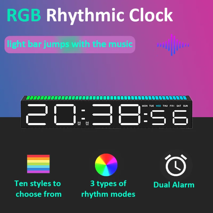 Led Table Clock Rgb Digital Alarm Clock LED Table Clock with Rhythm Light Bar RGB Lights ...