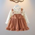 Kid Girl Long Sleeve Dress Floral Lovely Bear Corduroy Strap Style Dress Fashion Cute Photograph Outfit for Child Girl 1-6 Years. 