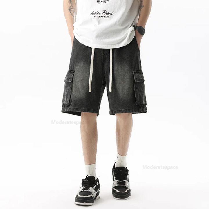 Summer%20Retro%20Fashion%20Denim%20Shorts%20for%20Men%20Loose%20Straight%20Leg%20Multi-pocket%20Short%20Jeans%20With%20Elastic%20Waist%20and%20Drawstring%20Male%20-%20Image%203