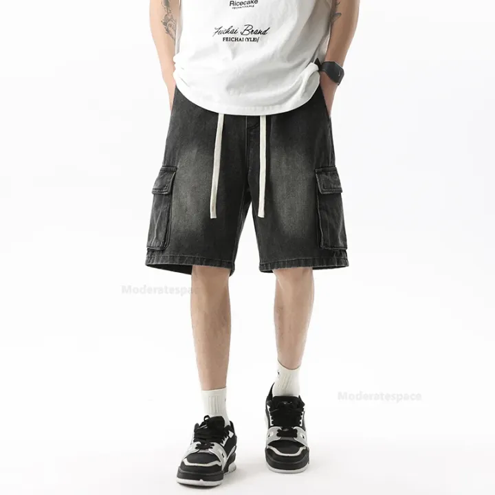 Summer%20Retro%20Fashion%20Denim%20Shorts%20for%20Men%20Loose%20Straight%20Leg%20Multi-pocket%20Short%20Jeans%20With%20Elastic%20Waist%20and%20Drawstring%20Male%20-%20Image%203