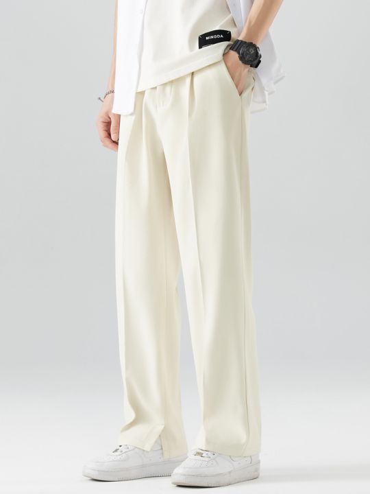 2023 New Summer Casual Pants Men Breathable Polyester Korean Fashion Semi-Wide Banded Waist Slacks Straight Loose Drape Trousers