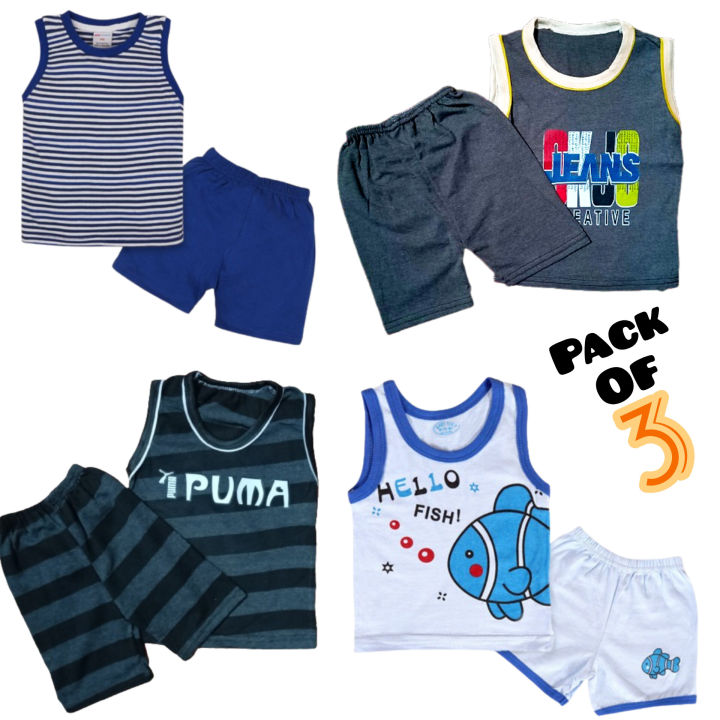 Pack of 3 Sando with Shorts for Newborn Babies-Baba Boys-Girls sleeveless T-shirt with Shorts