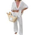 New Style Loose Short Sleeve Top Knitted Hollow Out Pants Beachwear Cover Up Set Women's Beach Vacation Casual Sun Bathing Smock.