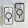 Magnetic Transparent Phone Case for iPhone 11 to 14 Pro Max with Slim Design Black and Gold Frame Supports Magsafe Charging. 