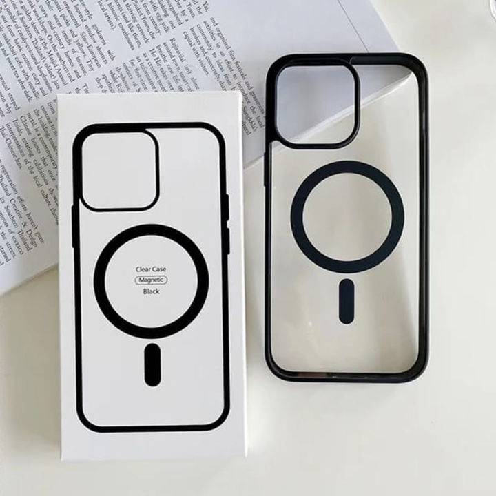 Magnetic Transparent Phone Case for iPhone 11 to 14 Pro Max with Slim Design Black and Gold Frame Supports Magsafe Charging