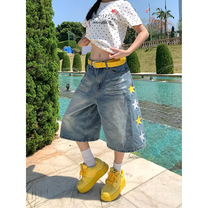 YIBASHU%202026%20Summer%20Women%20American%20Retro%20Jorts%20Punk%20Denim%20Shorts%20Y2K%202000s%20Japanese%20Harajuku%20Blue%20Star%20Cargo%20Jeans%20Pants%20-%20Image%204