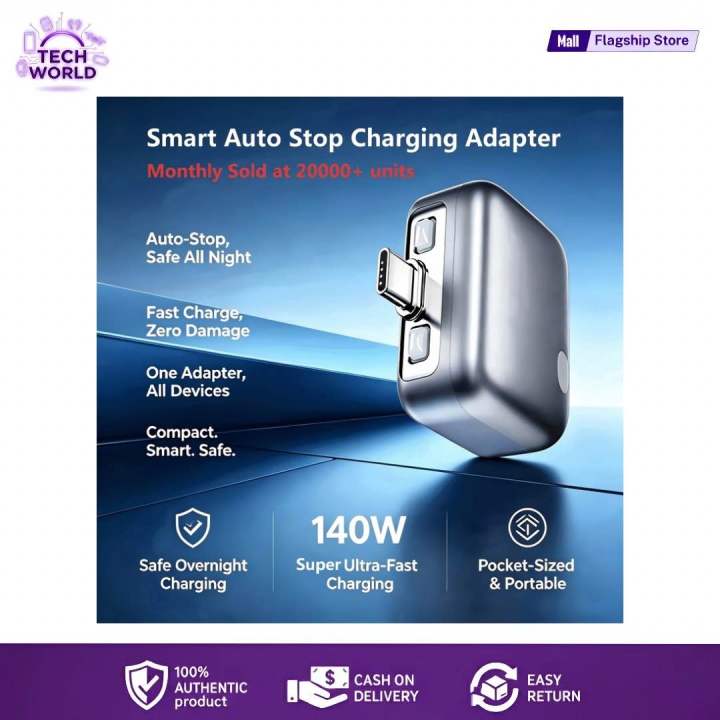 Smart Auto Stop Full Charging Adapter Overcharge Protection – AI Powered Auto Eject USB-C for Smartphone,Laptop Tablet