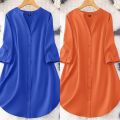 Roll Tab Sleeve flat collar Neck Button Front Shirt For Women's Girls Wear. 