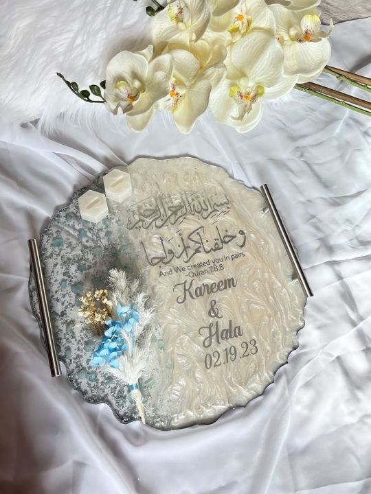 resin nikah tray, resin plaques, Nikah tray, with flowers bouquet customized in any theme