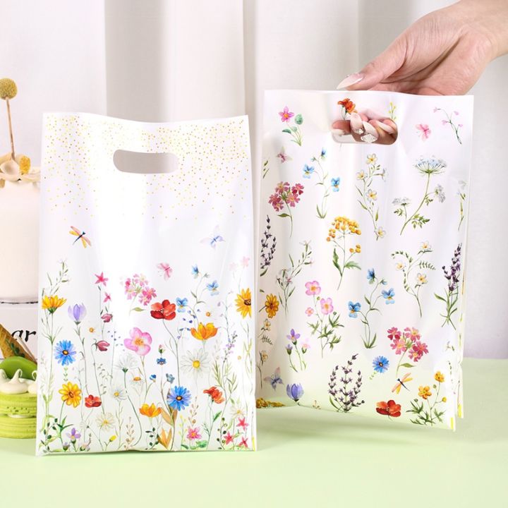 10/20/50pcs Spring Wildflowers Plastic  Bags, Floral Grass Butterfly Design Handheld Bag for Wedding, Mother's Day, Birthday