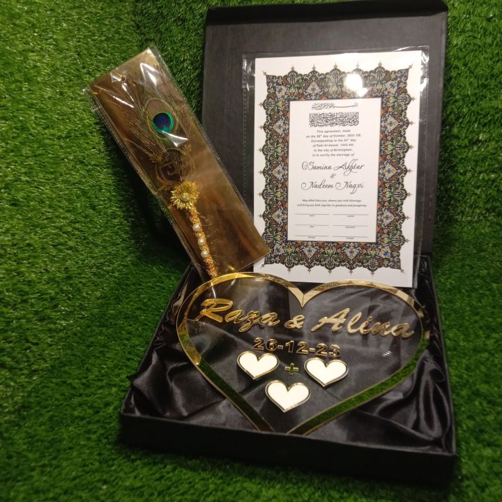 NIKAAH COMBO DEAL 1 NIKAAH CARTIFICATE WITH NAME 1 NIKAH PEN 1 ACRYLIC NIKAH PLATE WITH BEAUTIFUL BOX PACKING
