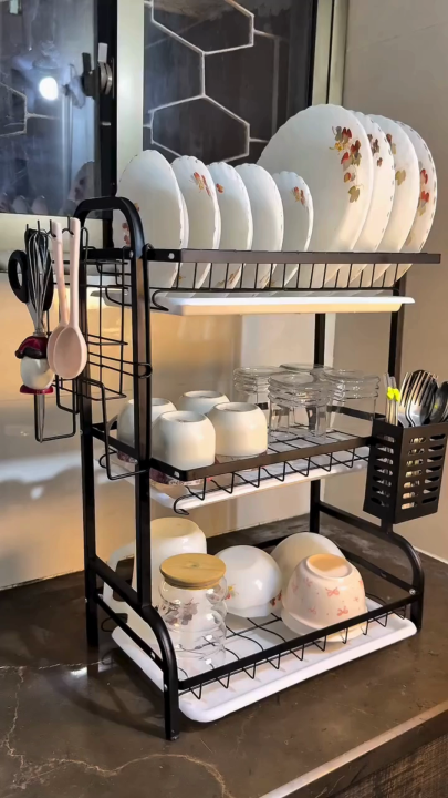 Dish Drying Rack with Draining Board, Rustproof Kitchen Storage Organizer, Multi-Functional Sink Side Dish Rack, Compact Kitchen Dish Rack Drainboard Set Large Rust-Proof Dish Drainer with Utensil Holder