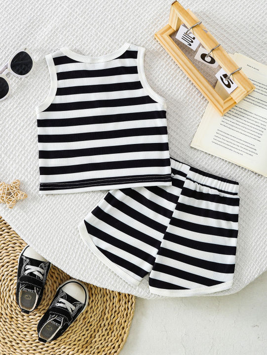 2pcs%20Summer%20Baby%20Boys%20Girls%20Black%20White%20Striped%20Ribbed%20Tank%20Set,%20Casual%20Style,%20Daily/School%20Wear,%200-3Y,%20Breathable%20Fabric%20-%20Image%202