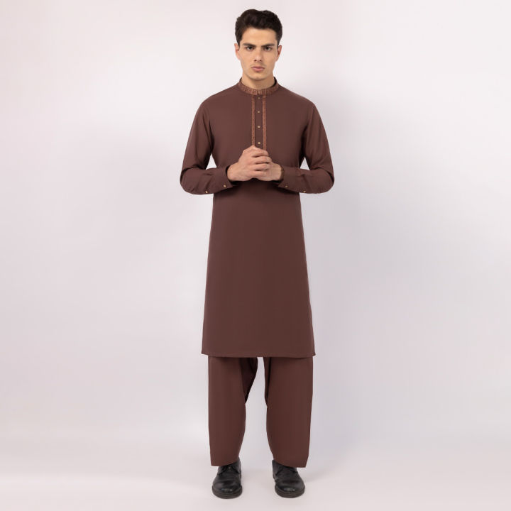 Junaid Jamshed Sticthed BROWN SEMI-FORMAL KAMEEZ SHALWAR For Men And Boys -Collection:2026- Designcode: JJKS-A-33873/S26/JJ10347-SF