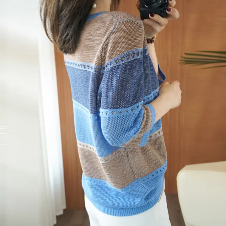 Women%20knitted%20Three%20Quarter%20Sleeve%20Sweater%20Female%20Striped%20Thin%20Hollow%20Out%20O-neck%20Pullover%20Ladies%20Loose%20Streetwear%20Tops%20-%20Image%204