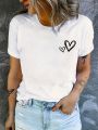 Fabric with White Hearts Fit Round Neck Summer Sports Casual Attire Women's Casual Sleeve T-Shirt Breathable Aesthetic Clothes. 