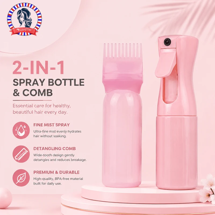 2-Pack Plastic Refillable Continuous Spray Bottles with Root Comb Applicator - Fine Mist Sprayer for Hairstyling Hair Dye Bottle