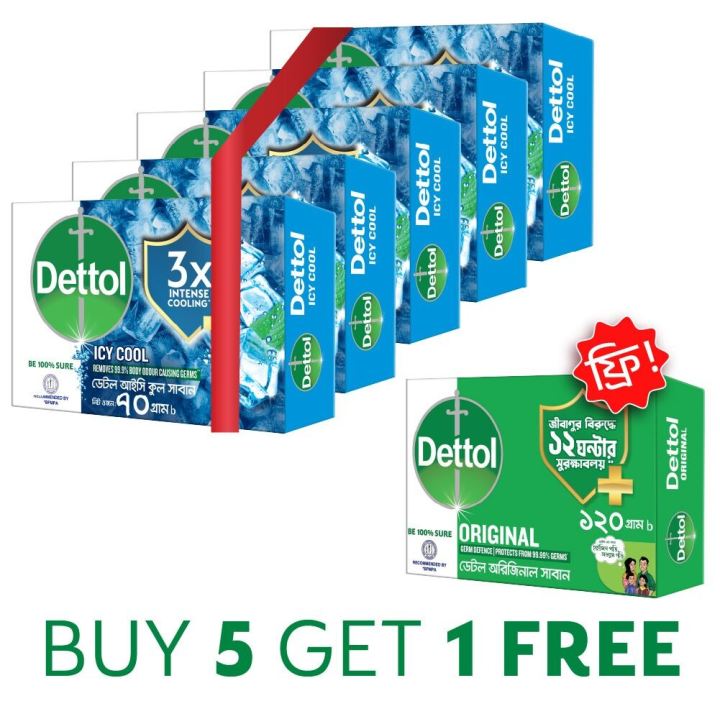 (Buy 5 Get 1 Free) Dettol Icy Cool Soaps 120gmX5, Get 1 Original Germ Defence Soap (120gm) FREE