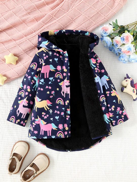 Autumn And Winter Girls' Unicorn Flower Printed Jacket With Plush Insulation Long Sleeved Casual Hooded Jacket