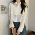 Fake 2 Pcs Shirts Long Sleeve Patchwork Tender Girl Crop Tops Camisas Ropa Mujer All-match Spring Clothing. 