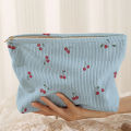 Cherry Printed Corduroy Makeup Bag, Lightweight Zipper Makeup Storage Box, Multifunctional Bag with Lining.