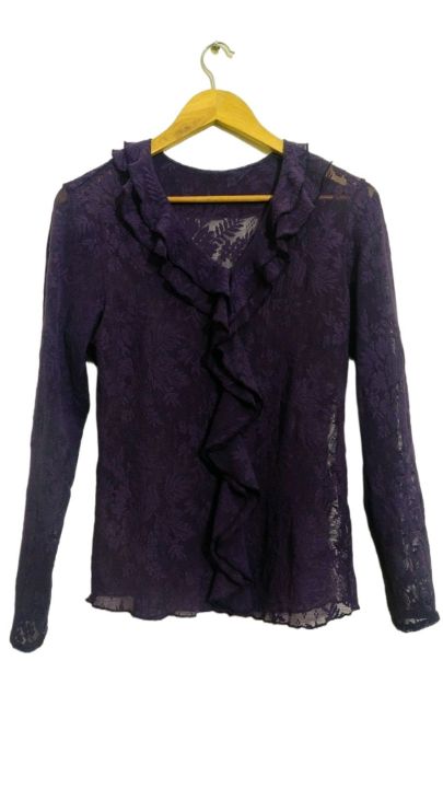 women's floral net lace ruffle neck full sleeve shirt top blouse for girls