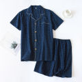 High Quality and Durable Men Cotton Pajama Set Single-Line Checkered Matching Loungewear Checkered Cardigan Shorts Sleepwear. 