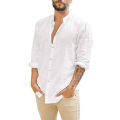 Cotton Linen Hot Sale Men's Long-Sleeved Shirts Summer Solid Color Stand-Up Collar Casual Beach Style Plus Size. 