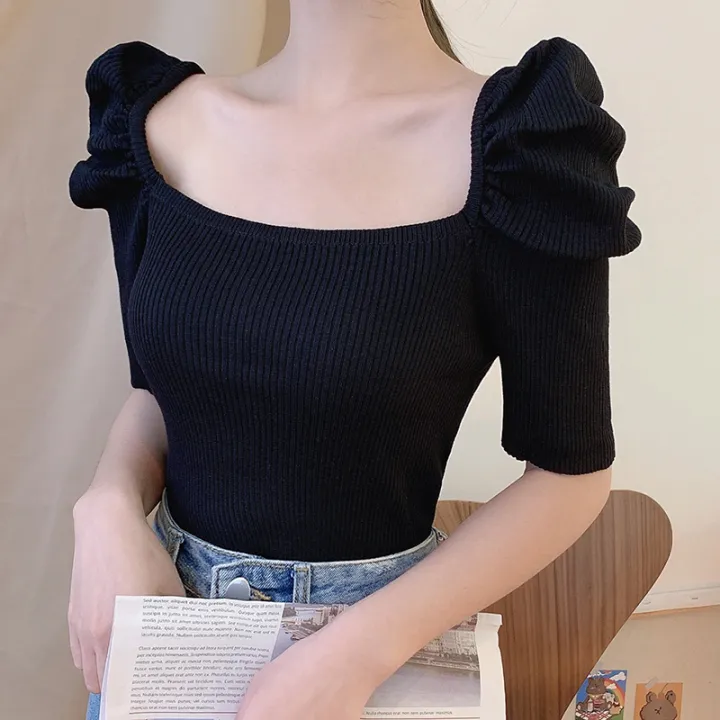 Puffy Sleeve Square Neck Knit Shirt for Women Teengirl Fitted Rib-Knit Pullover T-shirt Top Spring Summer Basic Outfit