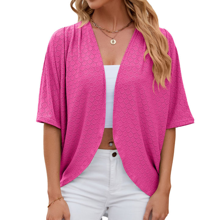 2024%20New%20Spring%20Summer%20Fashion%20Ladies%20Hollow%20Out%20Cardigan%20Solid%20Color%20Circle%20Short-Sleeved%20Casual%20Loose%20Top%20Women%20Outwear%20-%20Image%206