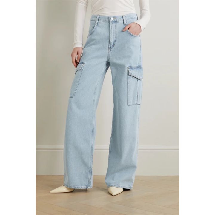 Womenâ€™s Ice Blue High Waist Wide Leg 6 Pockets Cargo Denim Jeans ...