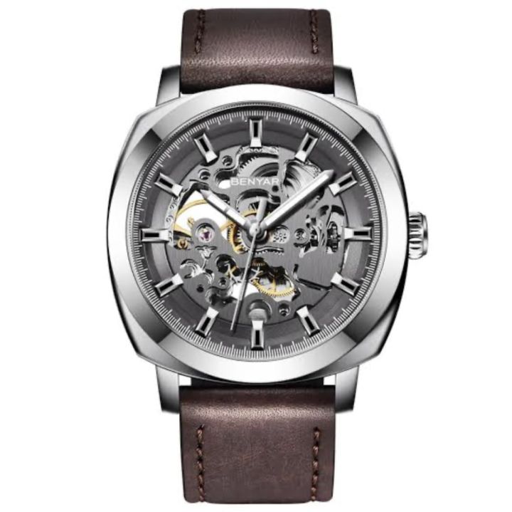 Benyar Skeleton BY5121 Leather Strap Fashion Men Mechanical Watch