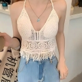 Women's Boho Fringe Backless Halter Tie Neck Underwear Outerwear with Neck Hanging Embroidery Tassel Suspender Vest Short Tank. 