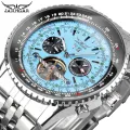 Jaragar Mens Automatic Mechanical Watch Fashion Tourbillon Blue Dial Date Display Stainless Steel Strap Military Sport Watches. 