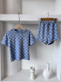 2 pcs Summer baby retro outfits plaid top and shorts Loose neutral short sleeved set kids neutral clothes.