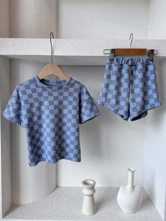2%20pcs%20Summer%20baby%20retro%20outfits%20plaid%20top%20and%20shorts%20Loose%20neutral%20short%20sleeved%20set%20kids%20neutral%20clothes%20-%20Image%202