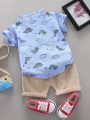 Infant Toddler Summer Dinosaur Print Short Sleeve Shirt And Shorts Set Fashionable Outdoor Standing Collar Top for Kids. 