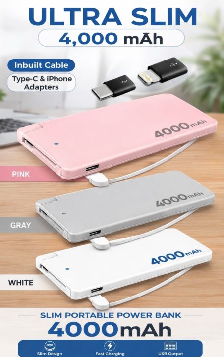 ULTRA SLIM DESIGN – 4000mAh POWER BANK WITH BUILT-IN CABLE