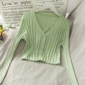 Women Acrylic Long Sleeve V-Neck Buttons Up Cardigan Shirt Slim Cropped Ribbed Knit Thin Solid Stretch Top Knitwear. 