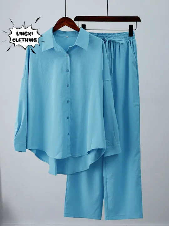 Summer%20Outfits%20for%20Women%202023%20Fashion%20Loose%20Elastic%20Wrinkle%20Long%20Sleeve%20Shirt%20Wide%20Leg%20Pants%20Casual%20Set%20for%20Women%202%20Piece%20Set%20-%20Image%206