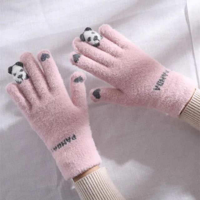 Cute Panda Men And Women's Winter Warmth Wool Split Finger Riding Touchscreen Knitted Gloves