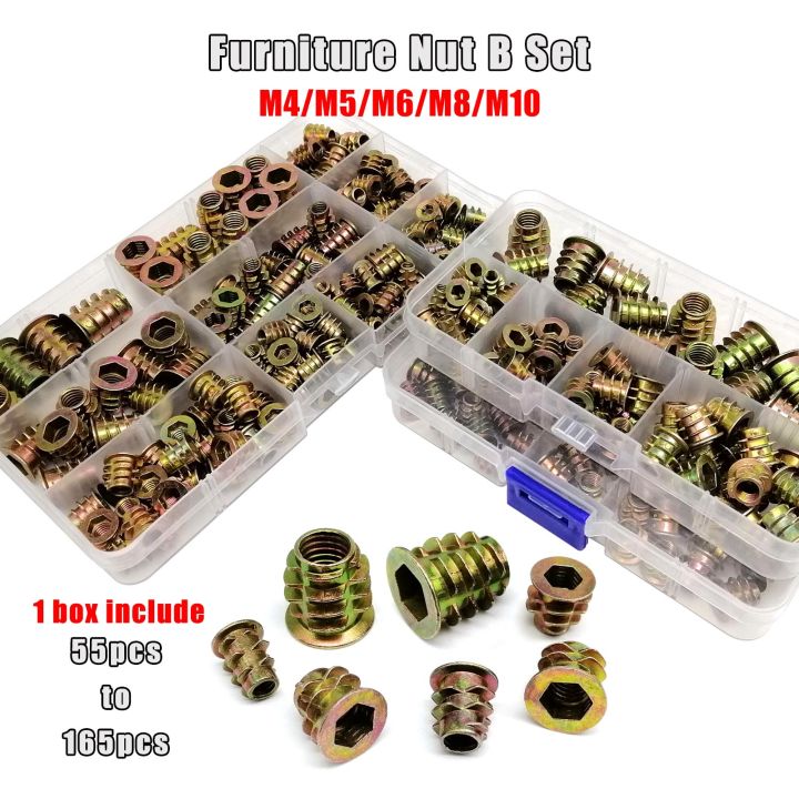 165/75/55pcs Threaded Insert Nut E-nut M4 M5 M6 M8 Set Kit For Wood Furniture Bed Cabinet Table Embedded Hex Hexagon Socket Head