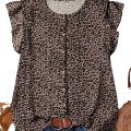 European and American Style Summer Slimming Plus Size Women's Leopard Print Short Sleeved Round Neck Lotus Leaf Sleeve Top. 