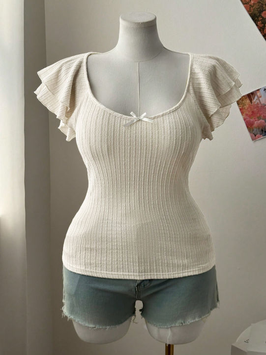 New%20women's%20fashion%20low-neck%20lace-sleeve%20bow-tie%20decoration%20plus-size%20women's%20T-shirt%20-%20Image%203
